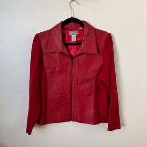 Vintage 90s Red Leather Knit Combo Jacket Size PL Zip Colorblock Stonebridge